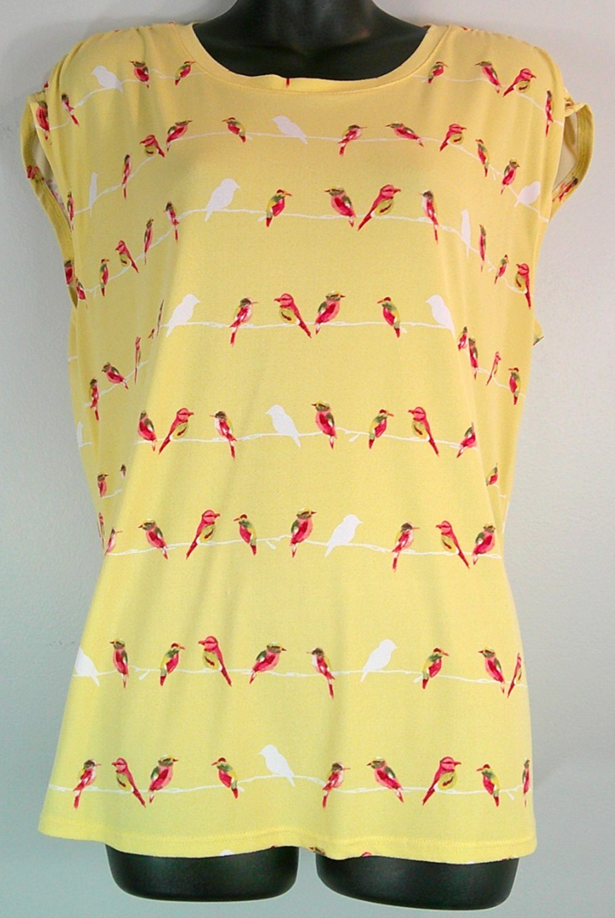 Elle Women's Large Round Neck Yellow Short Sleeve Blouse with Red Birds